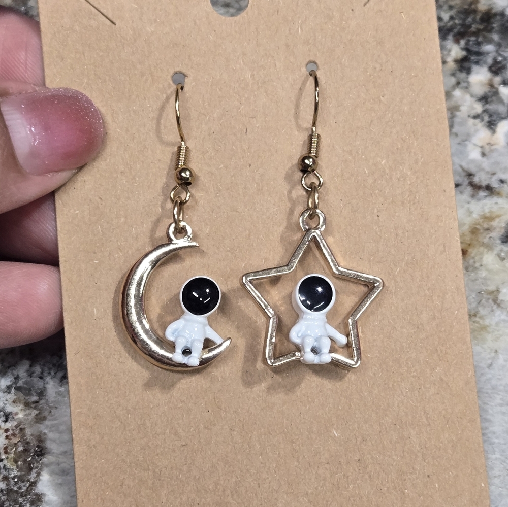 Gold Star and Moon Earrings with Black and White Accents